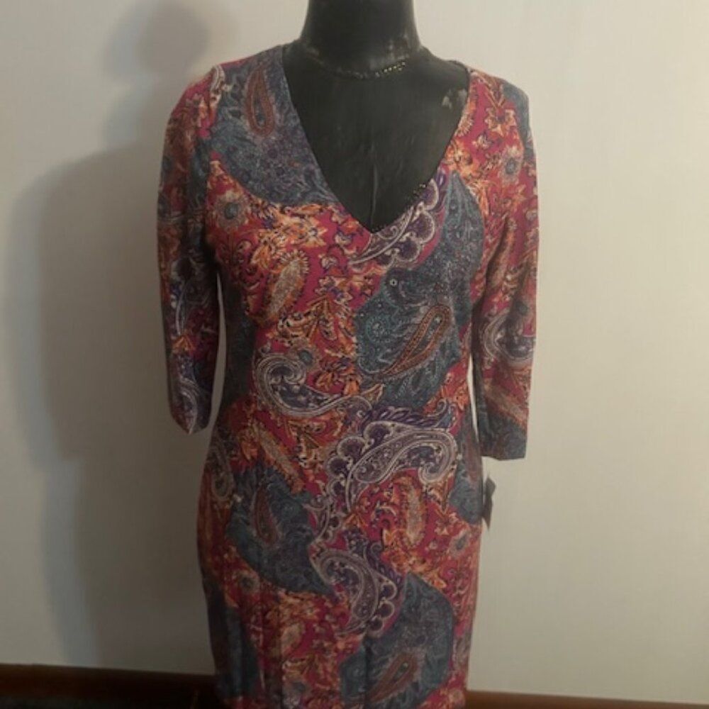 Nally & Millie Reversible Paisley/Floral V-neck 3/4 sleeves sheath dress, size M